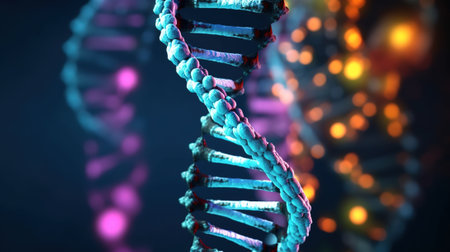 Close-up illustration of DNA helix structure. Science and technology conceptの素材