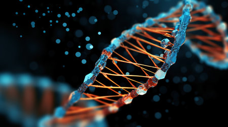 Close-up illustration of DNA helix structure. Science and technology conceptの素材
