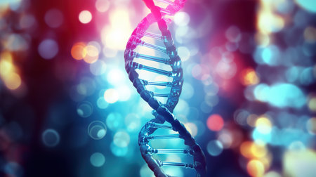 Close-up illustration of DNA helix structure. Science and technology conceptの素材