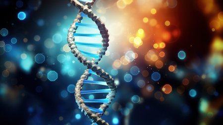 Close-up illustration of DNA helix structure. Science and technology conceptの素材