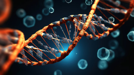 Close-up illustration of DNA helix structure. Science and technology conceptの素材