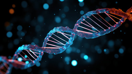 Close-up illustration of DNA helix structure. Science and technology conceptの素材