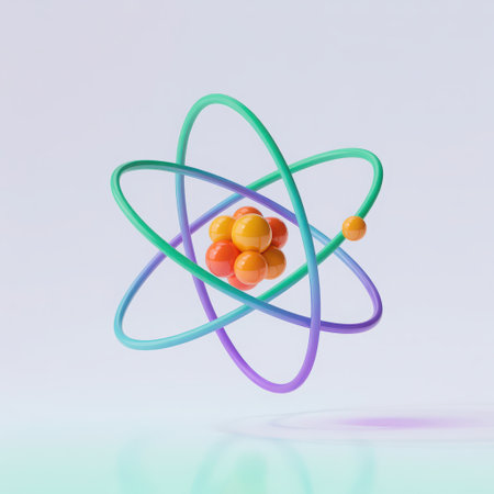 This image depicts a stylized atomic model featuring a vibrant cluster of orange spheres at its core, representing the nucleus. Surrounding the nucleus are dynamic, colorful orbital paths, rendered in shades of green and purple, illustrating the movement of electrons. The composition evokes scientific curiosity and the fundamental building blocks of matter, presented with a clean, modern aesthetic suitable for educational or conceptual applications.の素材