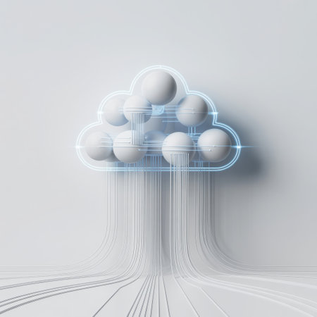 This captivating image showcases a unique artistic interpretation of a cloud. Suspended spheres in various sizes and subtle pastel hues are artfully arranged within a structured cloud shape. Thin, translucent elements resembling raindrops cascade downwards, adding a dynamic and ethereal quality to the composition. The minimalist yet detailed design evokes a sense of wonder and gentle weather.の素材