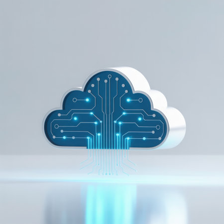Explore the future of digital data with this striking 3D rendering of a cloud icon. Embodying the essence of cloud computing, the design features an intricate circuit board pattern within a stylized blue cloud shape, symbolizing advanced technology, data processing, and network connectivity. The subtle white outer shell and glowing blue accents evoke innovation and the seamless flow of information in the digital realm. This image is perfect for representing technology, data, networks, and digital transformation in modern contexts.の素材