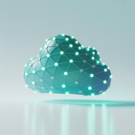 A futuristic, glowing cloud-shaped icon is depicted, adorned with a network of bright, illuminated points. This imagery symbolizes the interconnectedness and vast capabilities of modern cloud computing. It evokes concepts of data storage, digital services, and the pervasive nature of cloud technology in today's interconnected world, suggesting innovation and advanced technological infrastructure.の素材