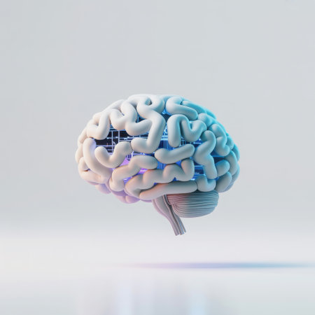 This visually striking image presents a detailed 3D rendering of the human brain, its intricate folds and textures rendered in soft, diffused pastel colors. The delicate mesh overlay suggests neuronal pathways and complex cognitive functions. It evokes themes of thought, learning, and mental well-being, making it ideal for medical, psychological, or educational contexts seeking a modern and artistic representation of the mind.の素材