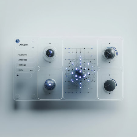 This image showcases a vintage analog electronic device featuring an array of control knobs and a central, intricately designed component that appears to be illuminated. The clear panel reveals the internal workings, suggesting a scientific or experimental instrument. The overall aesthetic evokes a sense of retro technology and precision engineering.の素材