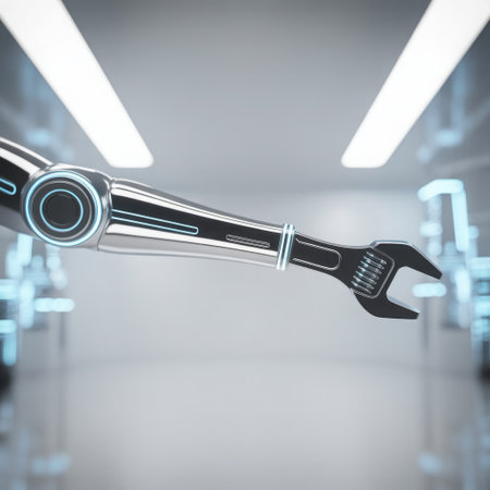 This image showcases a highly polished, futuristic robotic arm equipped with a versatile adjustable wrench. The arm is positioned within a bright, modern industrial facility, suggesting sophisticated automation and precision engineering. The metallic sheen of the robot and the clean, well-lit environment evoke themes of technological advancement, manufacturing efficiency, and future-forward industries.の素材