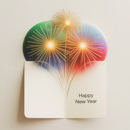 Experience the joy of a New Year's celebration with this image featuring a vibrant display of colorful fireworks exploding in the sky. A clean greeting card adorned with the 'Happy New Year' message sits in the foreground, perfect for sharing festive wishes. The abstract bursts of light and color evoke a sense of excitement and new beginnings.の素材