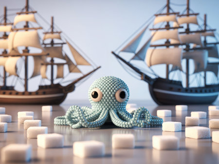 This enchanting image captures a charming, handcrafted octopus positioned centrally between two beautifully rendered sailing ships. The soft, diffused lighting casts a gentle glow on the scene, illuminating numerous small, cube-like objects scattered across the foreground. The overall atmosphere is one of whimsical fantasy and nautical adventure, evoking a sense of wonder and imaginative storytelling.の素材