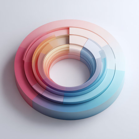 A close-up, top-down view of an abstract circular object with a smooth, layered gradient of pastel colors. The object appears to be made of a translucent material, with light passing through it, creating subtle shadows and highlights. The colors blend seamlessly from pink and orange to yellow and blue, forming a visually appealing and serene composition. The background is a plain, light gray, which further emphasizes the circular form and its vibrant yet soft color palette.の素材