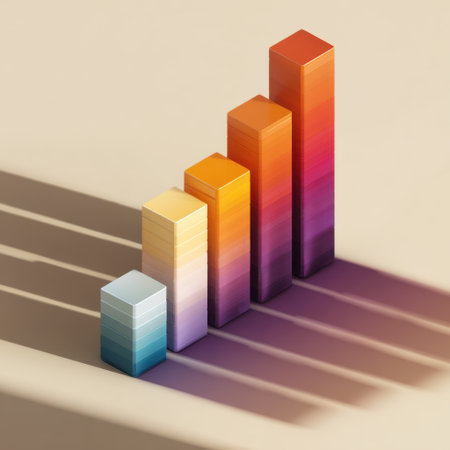 Colorful bar graph on dark background. 3d render illustration.の素材