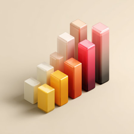 A minimalist abstract bar chart composed of translucent, gradient-colored rectangular blocks arranged in ascending order of height against a neutral background. The blocks transition from opaque white and yellow at the base to vibrant pinks and reds, culminating in a dark gradient at the top, suggesting growth, progress, or data visualization.の素材