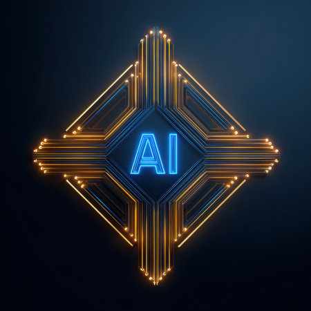 A futuristic, glowing emblem with the letters 'AI' at its center, set against a dark, textured background. The emblem is designed with intricate circuitry patterns and illuminated lines, suggesting advanced technology and artificial intelligence.の素材