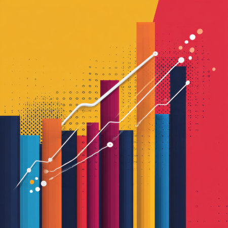 An abstract illustration depicting a bar chart with upward trending lines and dots, symbolizing growth, progress, and data analysis. The background is a vibrant gradient of yellow and red, with colorful bars representing different data points. This visual is ideal for presentations, reports, and websites related to finance, business, economics, and statistics.の素材