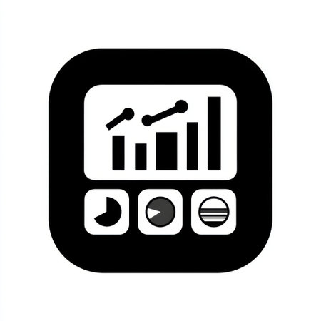 A black and white app icon featuring a stylized bar chart with two lines above it, and three circular buttons below. The overall shape is a rounded square.の素材