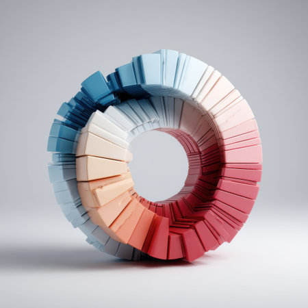 A 3D render of an abstract sculpture resembling a torus or ring, composed of numerous small, rectangular segments. The segments transition in color from cool blues and teals on one side to warm reds and oranges on the other, creating a gradient effect. The sculpture is lit from above, casting subtle shadows on the light gray surface it rests upon. The overall aesthetic is modern, geometric, and artistic.の素材