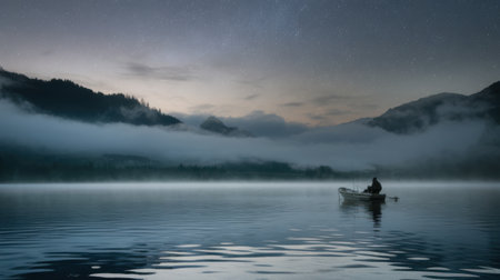 Foggy lake in the mountains at night with a boat in the foregroundの素材