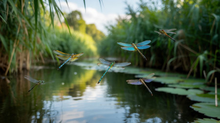 A group of blue dragonflies on a pond in the summer.の素材