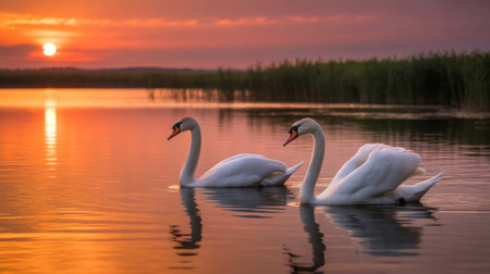 Beautiful white swans on the lake at sunset, swans on the lake at sunsetの素材