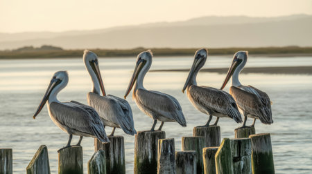 Group of pelicans sitting on a wooden pier at sunrise, Australiaの素材