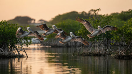 Pelicans flying in the Mangrove forest at sunset.の素材