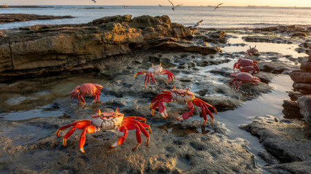 A group of red crab on the rocks in the ocean at sunset.の素材