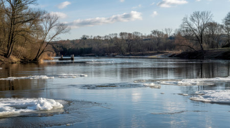 frozen river in winter with ice and snow, beautiful photo digital pictureの素材