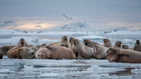 seal and sea lion on the ice in the antarctica by the oceanの素材