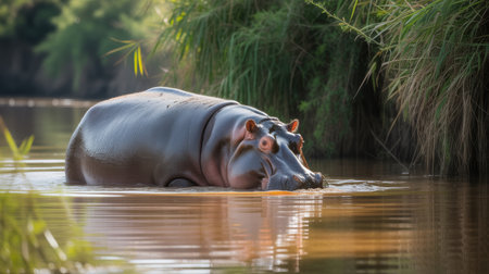 Hippopotamus in the wild, Thailand. (Hippopotamus amphibius)の素材