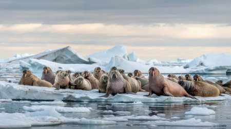 Group of sea lions on the ice floe, Antarctic Peninsula, Antarcticaの素材