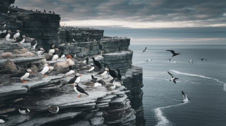 Aerial view of the cliffs and seagulls in the ocean.の素材