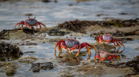 red rock crab at low tide, Galapagos Islands, Ecuadorの素材