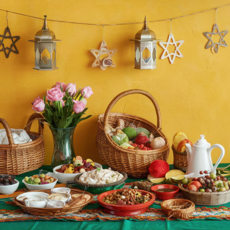 A vibrant and bountiful spread of traditional foods and Easter treats is beautifully arranged on a table. Wicker baskets overflow with colorful dyed eggs and various delicacies. Elegant lanterns and star-shaped decorations hang above, casting a warm glow on the festive scene. This image evokes a sense of celebration, family gathering, and the joy of the Easter holiday.の素材