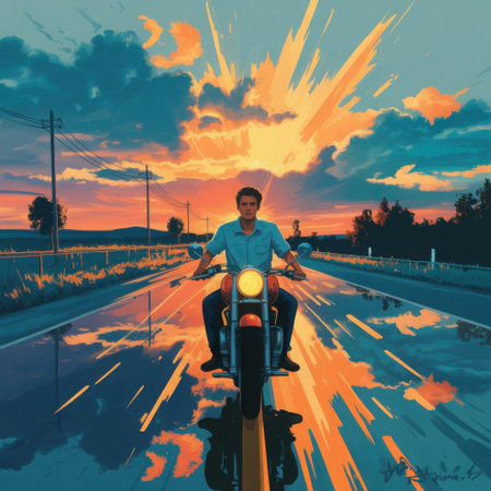 A solitary figure experiences the thrill of the open road as they ride a motorcycle down a highway. The setting sun paints the sky with vibrant hues of orange, yellow, and blue, casting long shadows and a warm glow. This image evokes feelings of freedom, wanderlust, and the exhilarating pursuit of adventure. The dynamic lighting and sense of motion capture the essence of a classic road trip.の素材