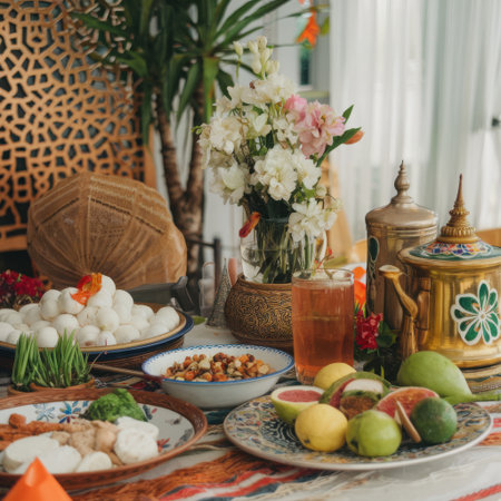 A vibrant and plentiful Moroccan table is artfully arranged with a variety of delicious foods and decorative elements. Fresh fruits like mangoes and limes are scattered across platters, alongside bowls of olives and other savory bites. A traditional tea set with ornate jars and glasses hints at a communal drinking ritual. Lush green plants and delicate flowers add a touch of natural beauty, creating an inviting and festive atmosphere perfect for sharing a meal or celebrating a special occasion.の素材