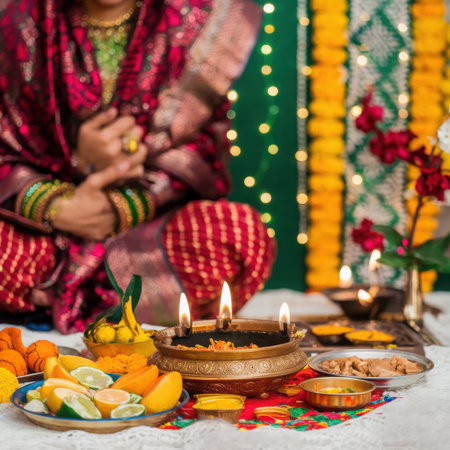 A close-up shot captures the essence of an Indian festival, likely Diwali or a similar auspicious occasion. Hands adorned with bangles are shown in the act of offering, possibly a prayer or a blessing. The scene is illuminated by the warm glow of multiple diyas (oil lamps), creating an atmosphere of devotion and festivity. Arranged around the lamps are colorful marigold garlands, fresh fruits, and decorative elements, signifying abundance and auspiciousness. The overall image evokes a sense of tradition, spirituality, and celebration.の素材