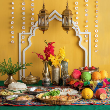 A beautifully arranged Ramadan iftar table features an ornate archway, hanging lanterns, and a vibrant spread of traditional dishes, fruits, and flowers. This scene captures the essence of breaking the fast during the holy month of Ramadan, evoking a sense of community, celebration, and abundance. The rich colors and textures create an inviting and festive atmosphere, perfect for capturing the spirit of this important religious observance.の素材
