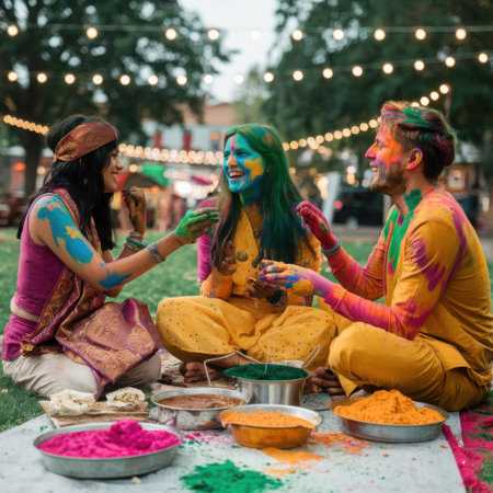 Three smiling friends are joyfully celebrating the Holi festival outdoors. Their faces and bodies are adorned with bright, colorful powders, indicating a vibrant and festive celebration. They are sitting together on the ground surrounded by bowls filled with various colored powders, suggesting they are actively participating in the festivities. The background hints at an outdoor party setting with greenery and subtle decorative lights, enhancing the overall atmosphere of happiness and communal joy associated with this traditional Indian festival.の素材
