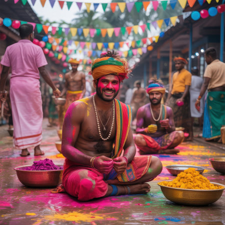 Immerse yourself in the joyous spirit of Holi a traditional Indian festival of colors. This image captures a man adorned in a colorful turban and traditional clothing, seated amidst piles of vibrant powdered dyes. The scene is further enhanced by festive pennants strung overhead and the blurred figures of revelers participating in the celebration, conveying the lively and communal atmosphere of this beloved festival.の素材