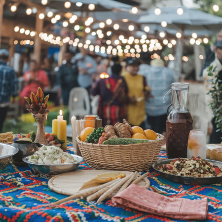 An inviting spread of diverse food items is showcased, promising a delightful culinary experience. The scene is illuminated by numerous warm string lights, casting a magical glow and fostering a cheerful ambiance. People are visible in the background, suggesting a lively social event or market. The focus is on the abundance and presentation of the food, hinting at a celebration or communal dining occasion.の素材