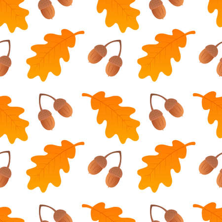 Oak leaf seamless pattern with seeds.Colorful print with repeating elements.Bright autumn foliage on a white background.Vector illustration.のイラスト素材