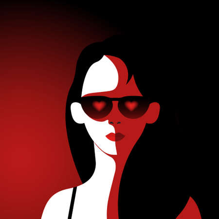 Young woman wearing glasses with heart.Passionate girl avatar.Love concept.Minimalism.Vector illustration in a flat style.のイラスト素材