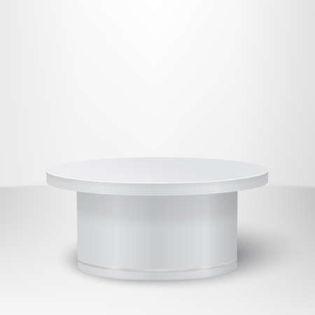 Round white podium with shadow.Pedestal on a wall background.Mock up.Template for design.3D.Vector realistic illustration.のイラスト素材