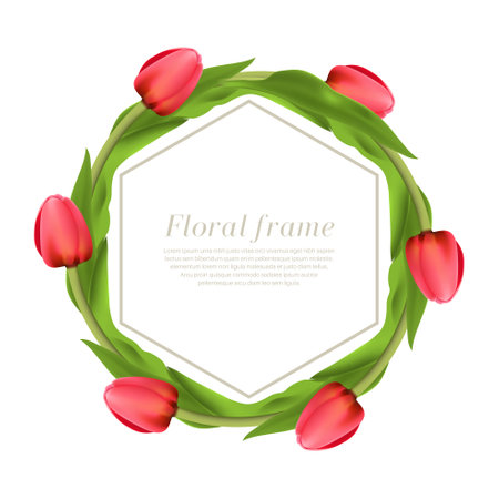 Frame from tulips.Floral border on white isolated background.Template for invitations, congratulations, celebrations.3D.Vector realistic illustration.のイラスト素材