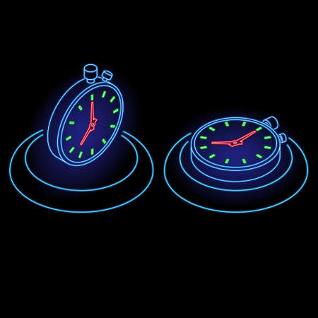Neon set of stopwatch icons on the button.Timer.Business concept.Isometry.3D.Vector glowing illustration.のイラスト素材