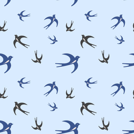 Seamless pattern of swallows in flight.Endless texture of a flock of birds.Natural background. The concept of the beginning, rebirth. Vector illustration in a flat style.のイラスト素材
