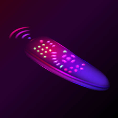 Neon remote control icon with signal waves.Manual control device.Isometry.3D.Vector glowing...