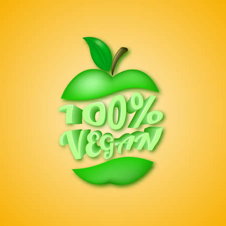 100% vegetarian products. Banner in the form of an apple with text.Vector illustration.のイラスト素材